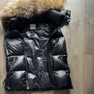 SAM Shiny Black Vest with Brown Fur Hood